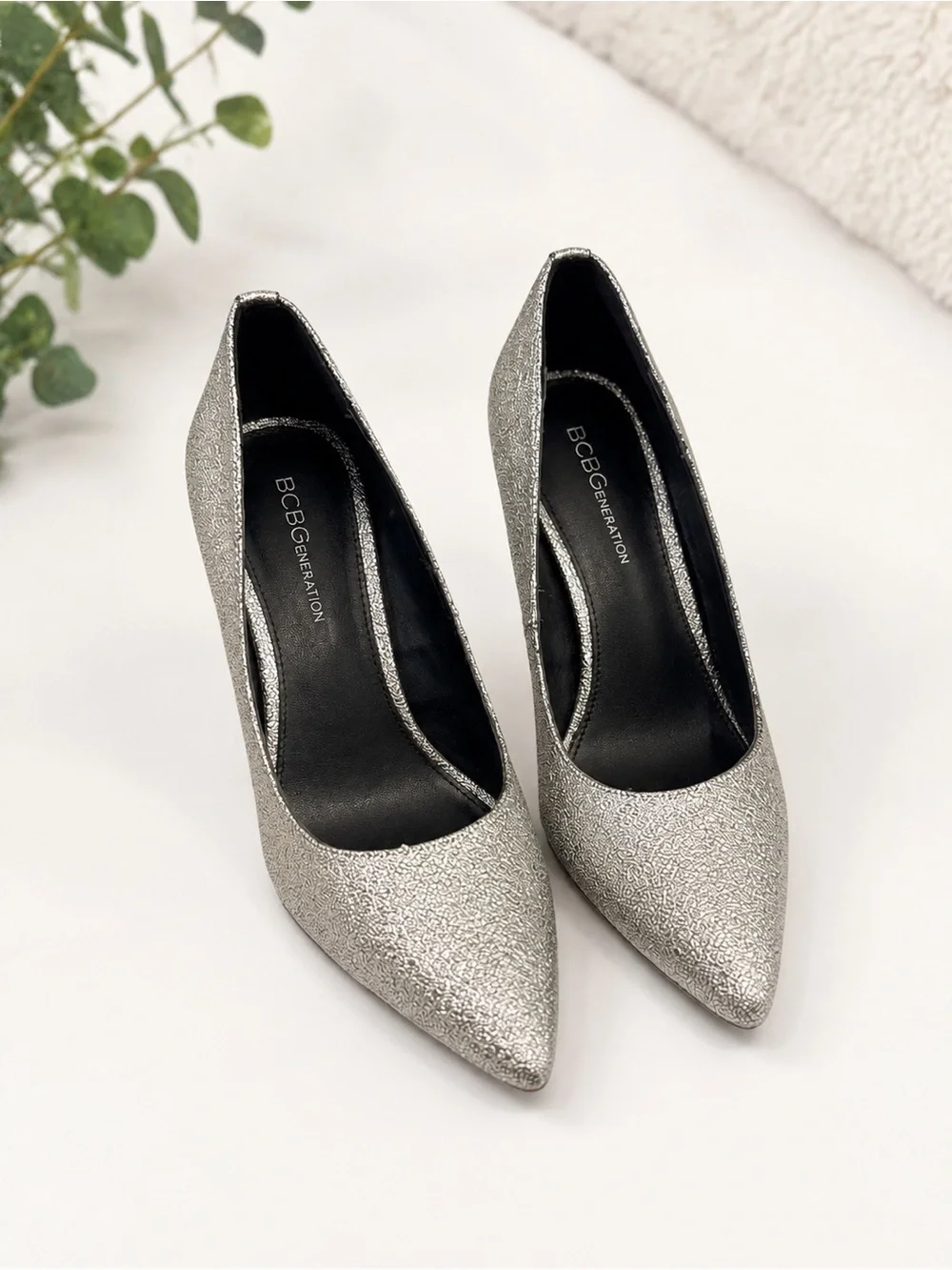 BCBGeneration Silver Glitter Pointed-Toe Pumps Size 7.5
